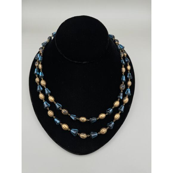 Vintage West Germany Two Strand Gold and Blue Bead Necklace - Picture 1 of 13